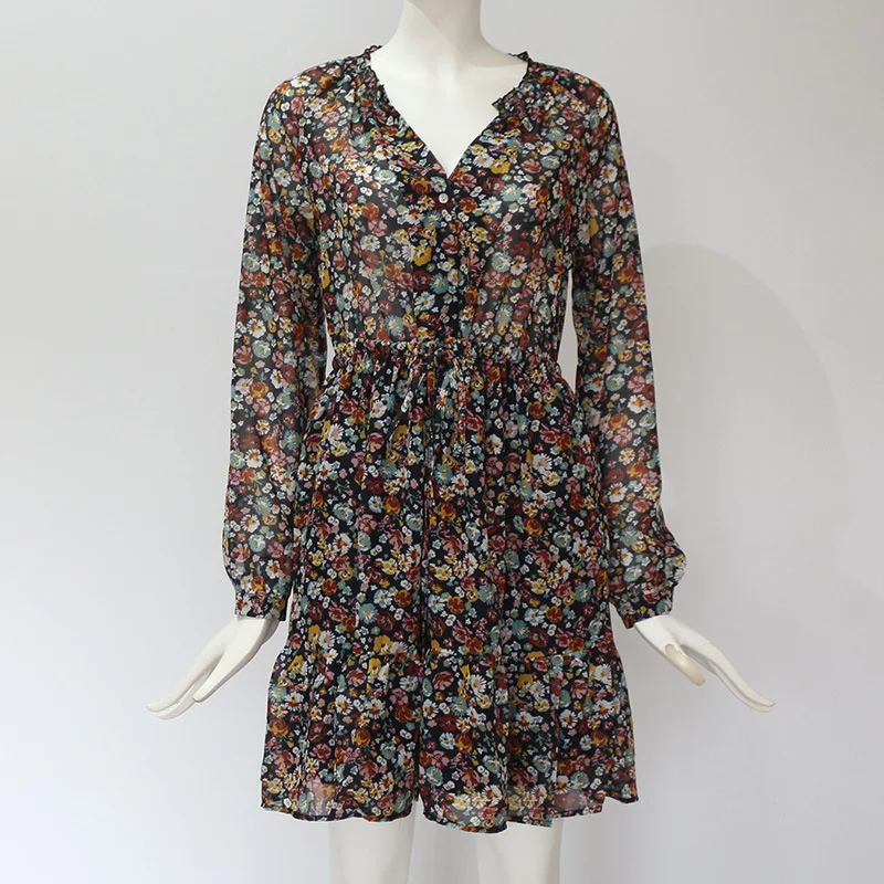 

Summer Boho Floral Print Dress Women Lantern Long Sleeve Pleated Dresses V Neck Beach Mini Dress Female Roupa Feminina