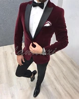 burgundy one breasted velvet mens blazer elegant coat and pant male suit dinner jacket with big peaked lapel costume
