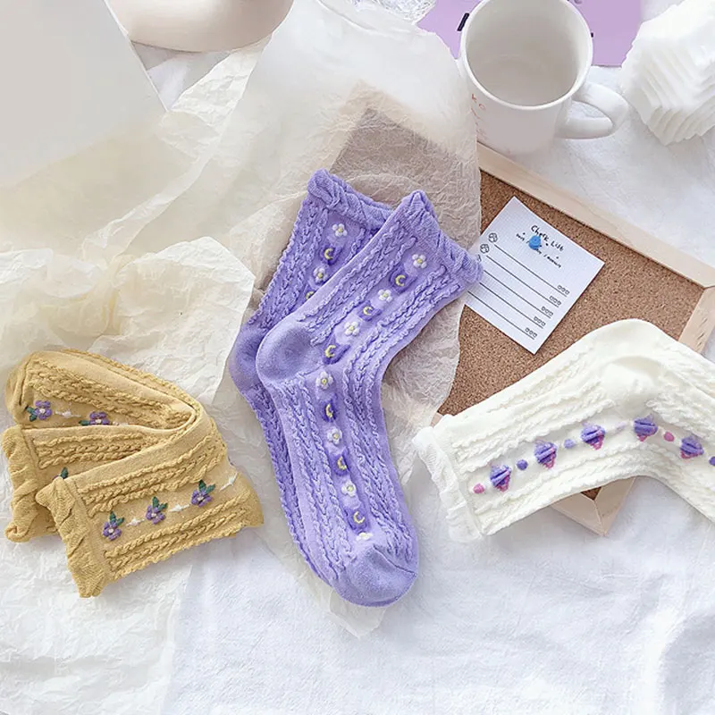 Осенне зимние японские носки средней длины с цветочным рисунком из 100% хлопка