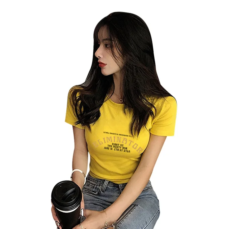 

T-Shirts Women Slim Letter Print T-Shirt Korean Style Sexy Trendy Round Neck Short Sleeves Tee Shirt Female Crop Top Ladies Shir