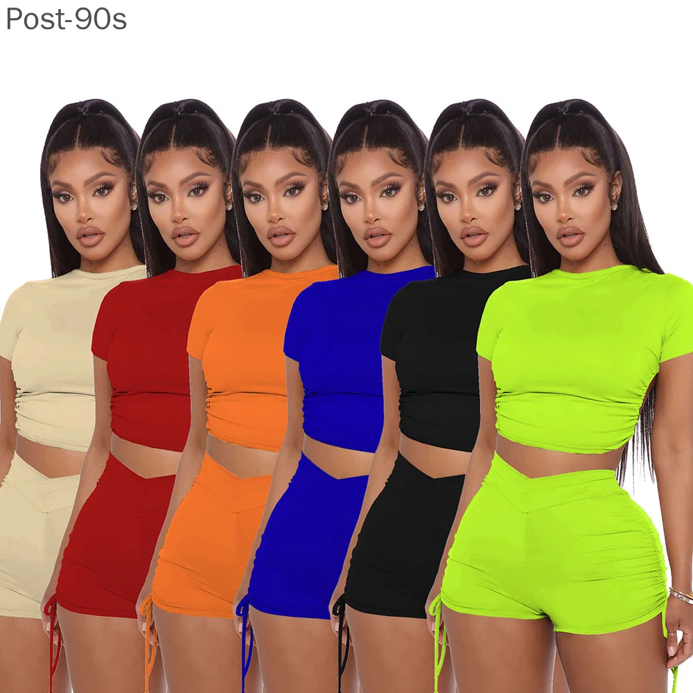 

Women Summer Solid Open Back Crop Top Stacked Shorts Jogger Pnats Suit Two Piece Set Sport Matching Set Outfit Fitness Tracksuit