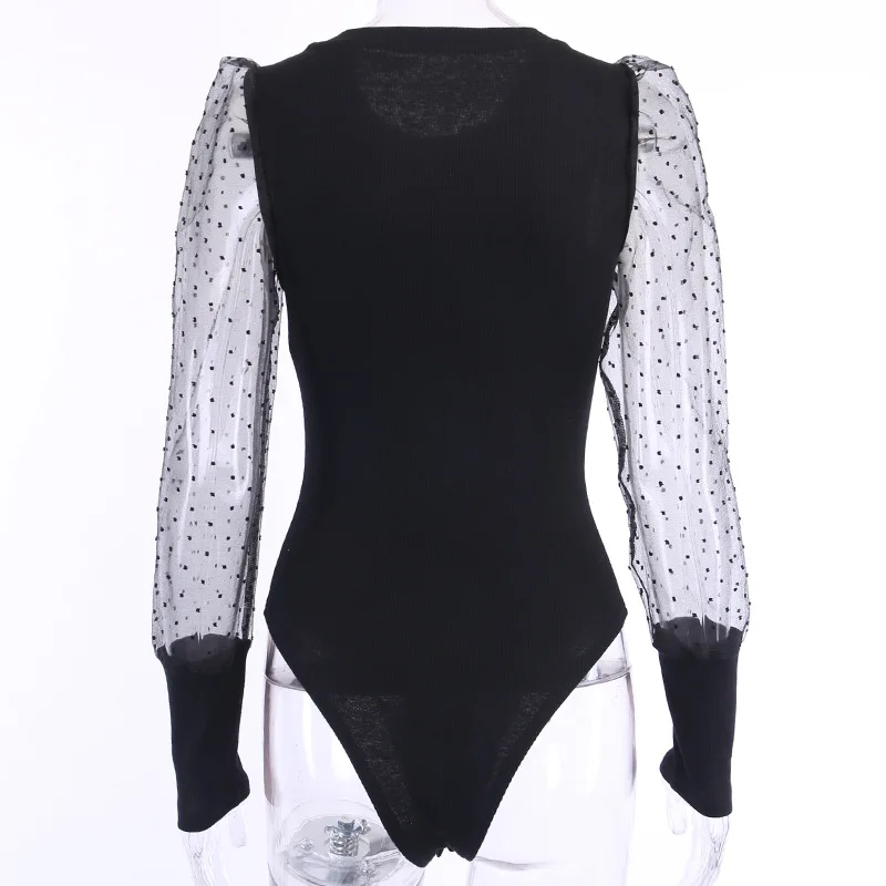 ArtSu Women Sexy Black Bodysuit Streetwear O-Neck Patchwork Long Sleeve Mesh Polka Dot Print Body Top Casual Overalls