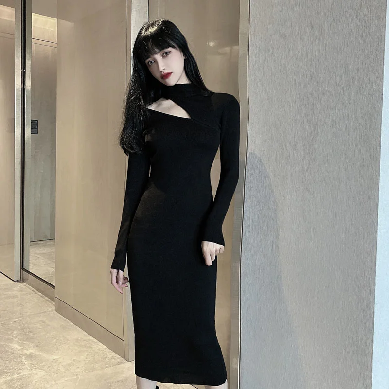 

Black Primer Dress 2021 Autumn New Ladies Waist-controlled Thin Over the Knee Knitted Midi Dress for Women