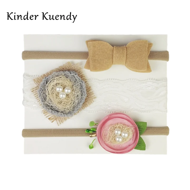 Kinder Kuendy, 3 шт./упак.,, повязка на голову с цветами для новорожденных девочек, розовый, белый шерстяной бант и серый бант, цветочные повязки на голову