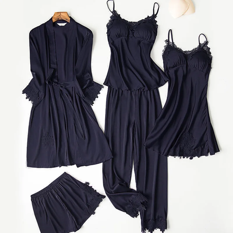 

Women 5pcs Suit Ladies Sexy Silk Satin Pajama Set Female Lace Pyjama Set Sleepwear Summer Autumn Home Wear nightwear For Women