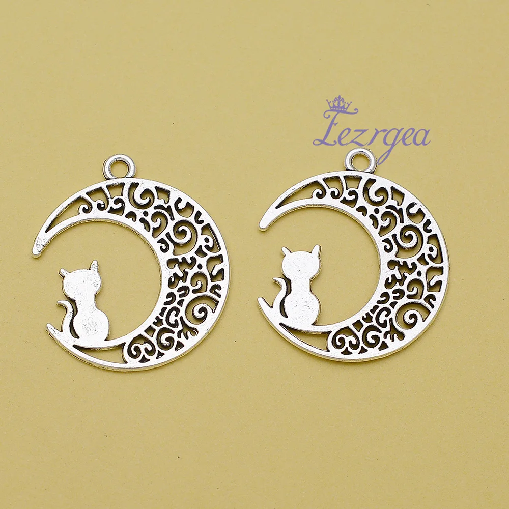 

15pcs/Lots 25x30mm Antique Silver Plated Moon Charms Cat Pendants For DIY Jewelry Making Finding Supplies Wholesale Accessories