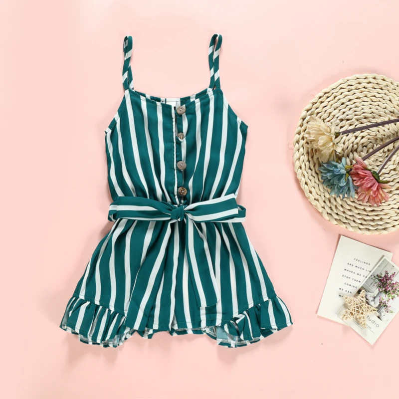 

New One Piece Girls Bodysuit Toddler Baby Stripe Button Belt Romper Summer Jumpsuit Kids Outfit Clothes