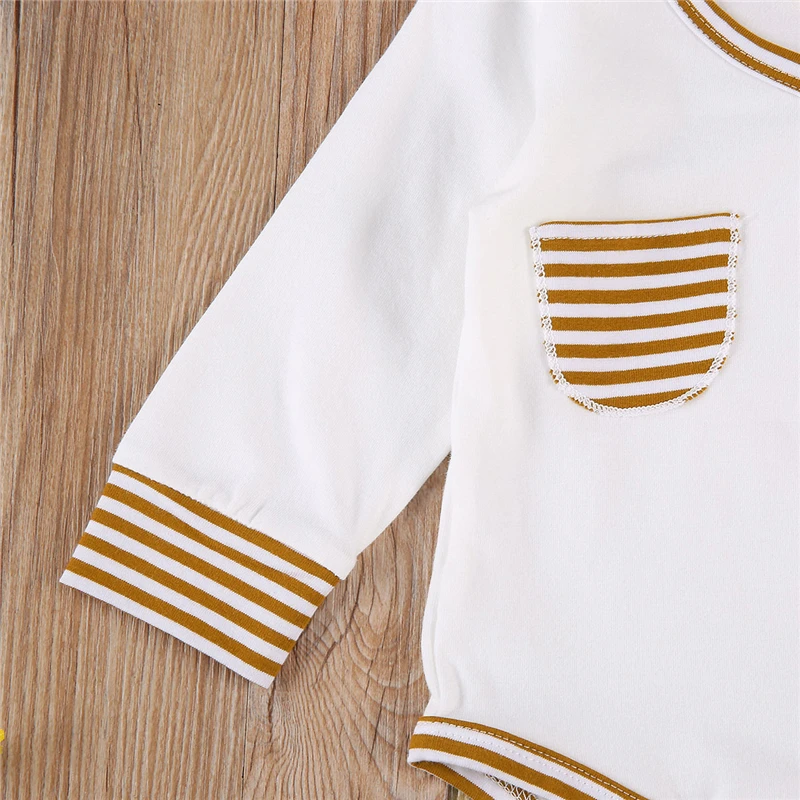 

IMCUTE 3pcs Casual Infant Baby Boy Girl Autumn Clothing V neck Pocket Long Sleeve Romper+Striped Long Pants Hat Cotton Set 0-18M