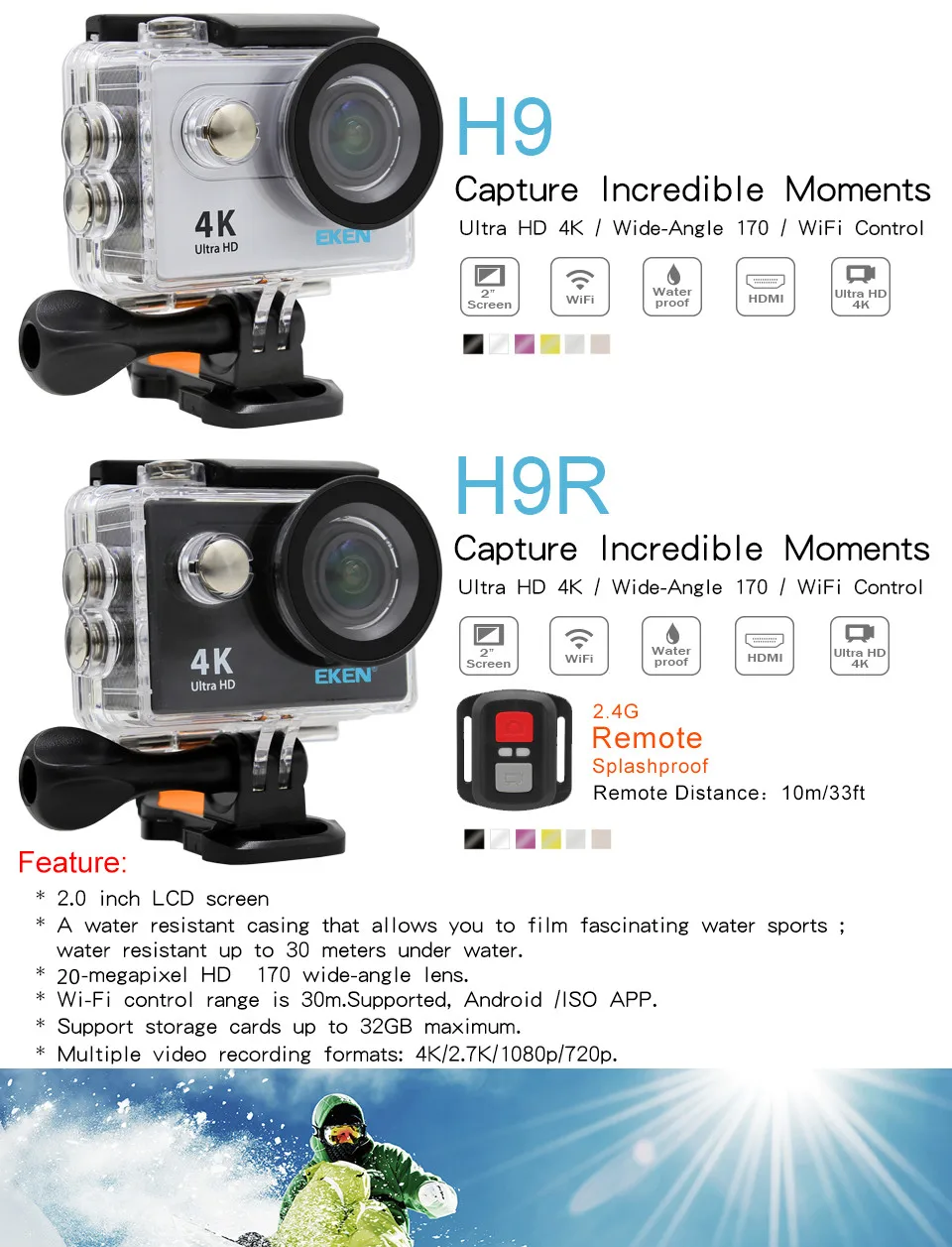Экшн-камера eken H9 H9R wifi Ultra HD Mini Cam 4 K/30FPS 1080 p/60fps 720 P/120FPS Подводная Водонепроницаемая спортивная видеокамера