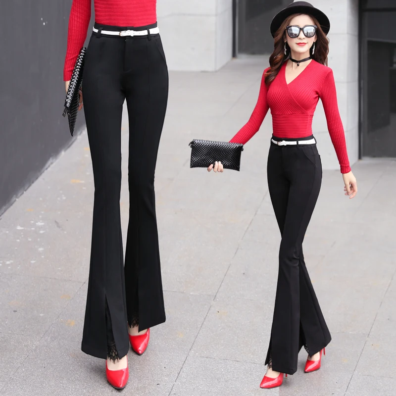 

Black Women Lace Patchwork Flare Pants Korea Solid Color Chic Trousers L6111239