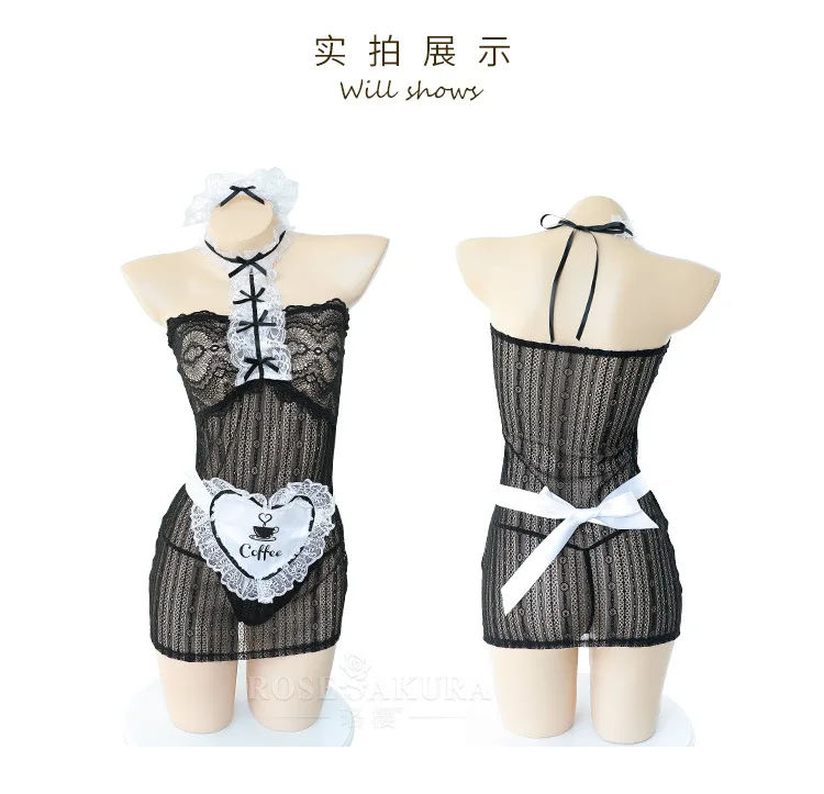Сексуальное женское нижнее белье Babydoll, кружевное платье с лямками на шее, привлекательное ночное белье, Униформа горничной, соблазнительный Школьный костюм для девочек