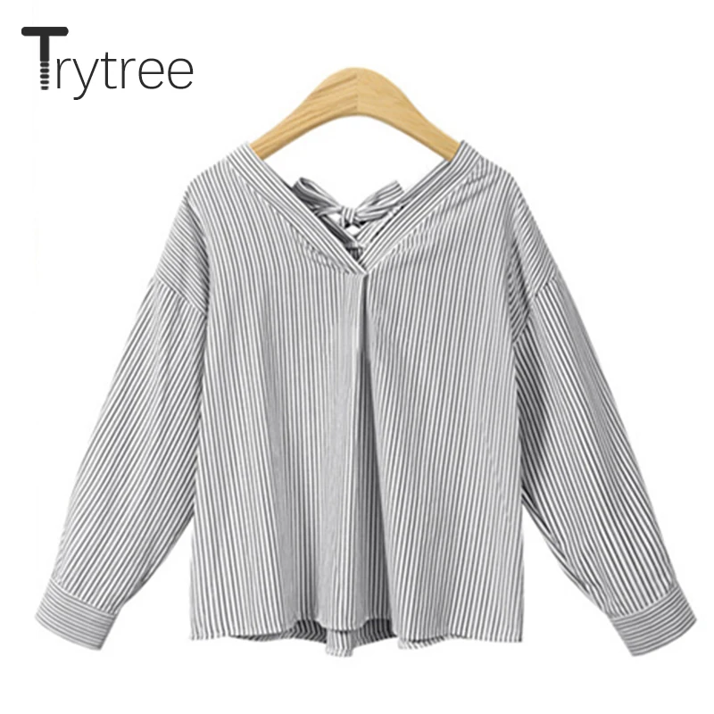 Trytree 2020 Весенняя женская блузка повседневная с v образным вырезом в полоску