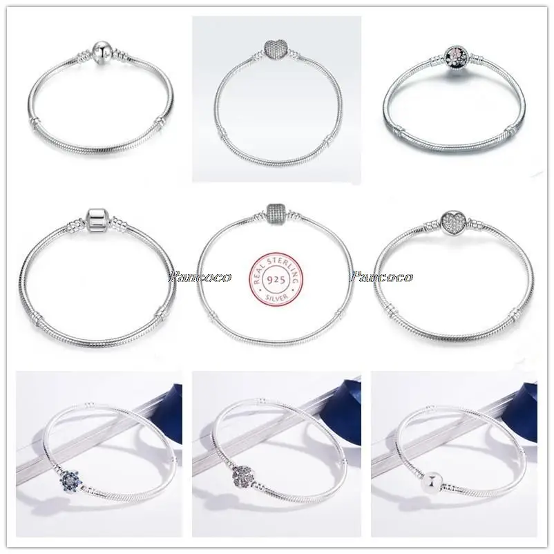 

925 Sterling Silver Moments Signature Clasp Crystal Snake Chain Bracelet Bangle Fit Bead Charm Fashion Jewelry