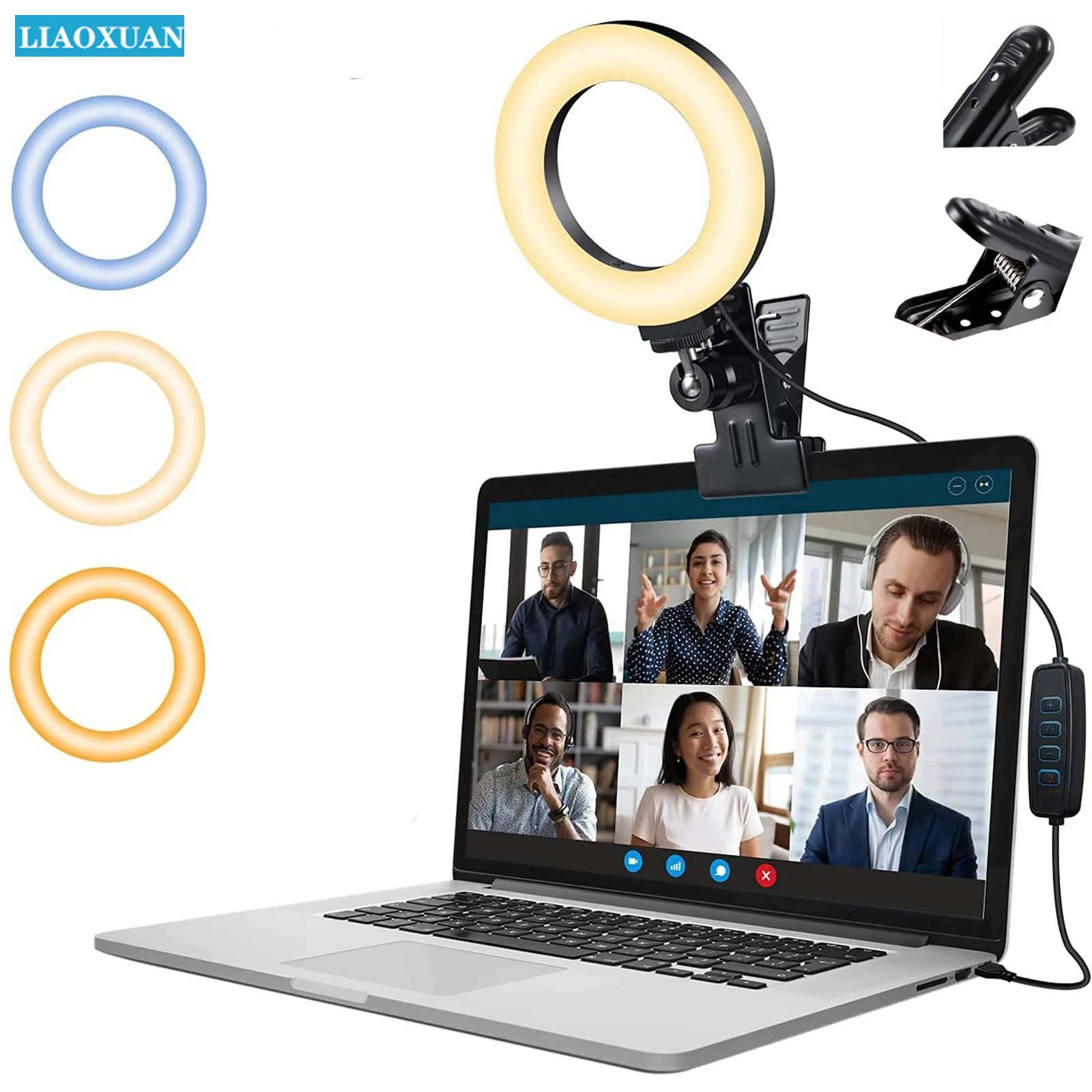 

Anillo de luz LED para selfi, iluminación para videoconferencia con soporte para teléfono móvil y adaptador USB tipo C para tríp