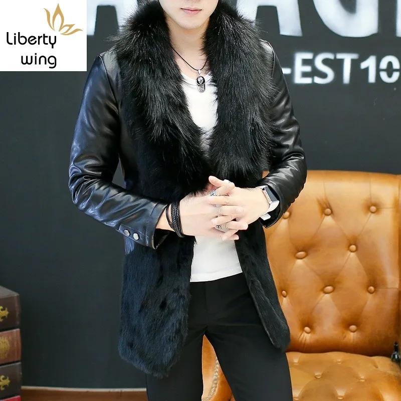 Мужское пальто из искусственной кожи зимнее средней длины с большим меховым