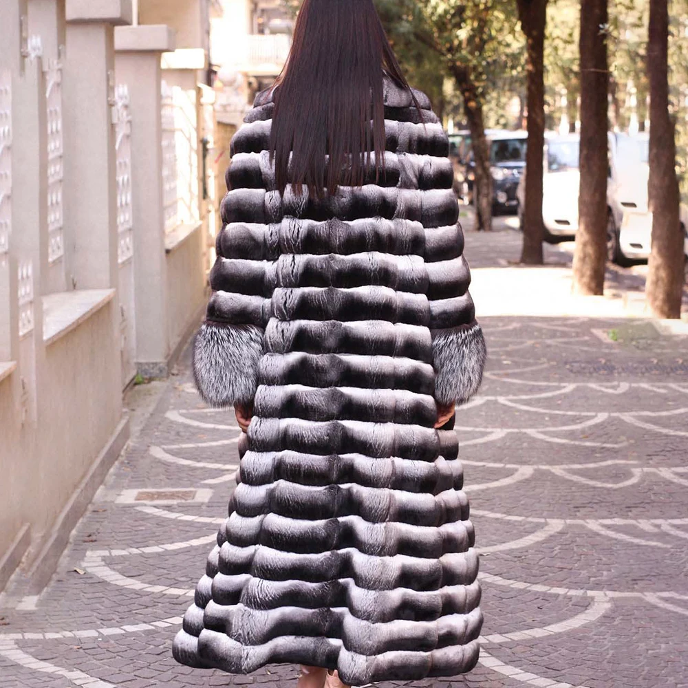 130cm Long Real Rex Rabbit Fur Coat Turn-down Collar Woman Natural Genuine Rex Rabbit Fur Coats With Silver Fox Fur Sleeve Cuffs