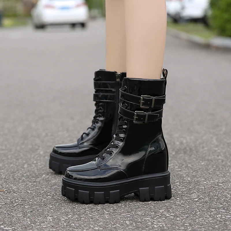 Женские ботинки из лакированной кожи на платформе 10 см|Сапоги до середины голени|
