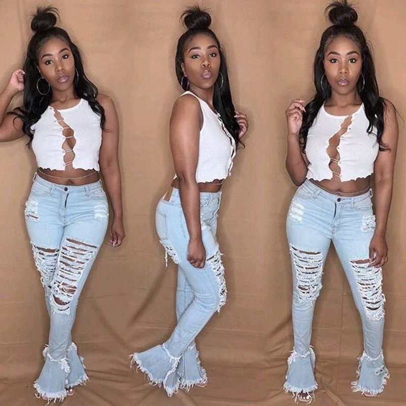 

Ripped Jeans Women High Waist Jeans Vintage Flare Jeans with Holes Patchwork Bell Bottom Jean Denim Pants