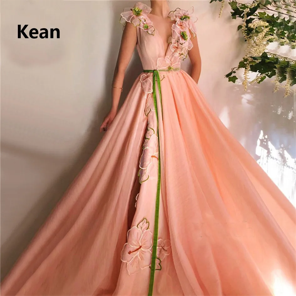 

Оранжевое мусульманское вечернее платье с V-образным вырезом и разрезом, иллюзия, 3D цветы, исламский Дубай, кафтан, Саудовский, арабский, офи...