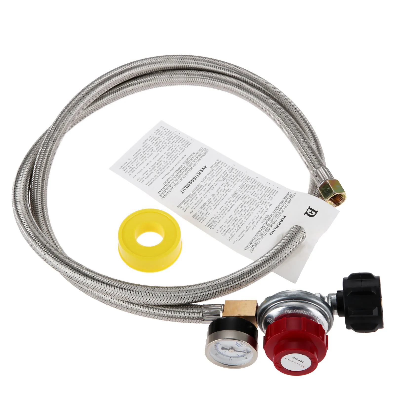 

0-30 PSI High Pressure Propane Regulator +Steel Braided Hose& Gauge QCC1/Type1 to 3/8" Female Flare for BBQ Fire Pit Gas Stove