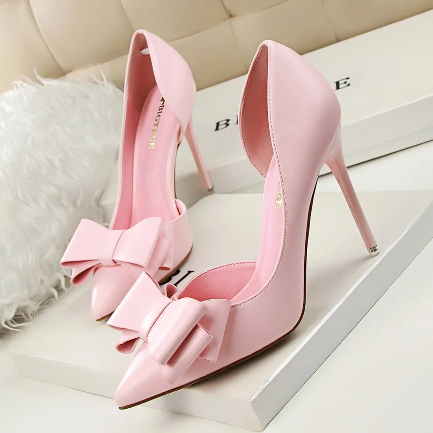 BIGTREE 7 Colors Sweet Bowtie Pointed Toe Women Pumps New Fashion Patent Leather Sexy Side Cut-outs Shallow High Heels Shoes