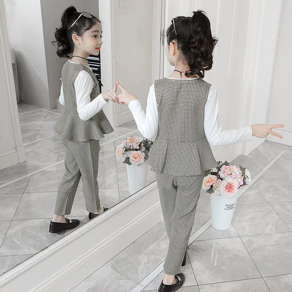 Детская одежда клетчатый жилет для девочек штаны и футболка костюм кардиган