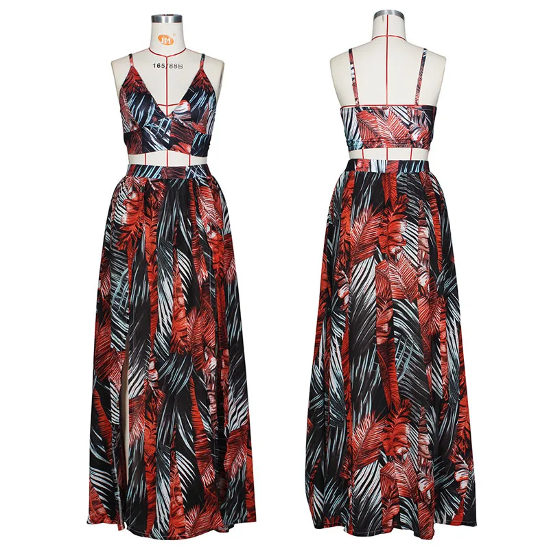 

2021 New Women's Summer Two Piece Dress Sets Sexy V Necj Tube Top & Boho Long Skirts Suits Ladies Printed Beach Skirt Set