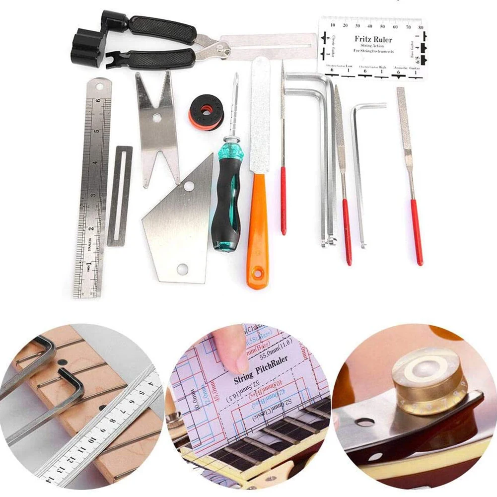 

20PCS Guitar Tool Kit Repairing Maintenance Tools Guitar Care 3 in 1 String Winder Leveling Action Ruler Fret Sanding File Set