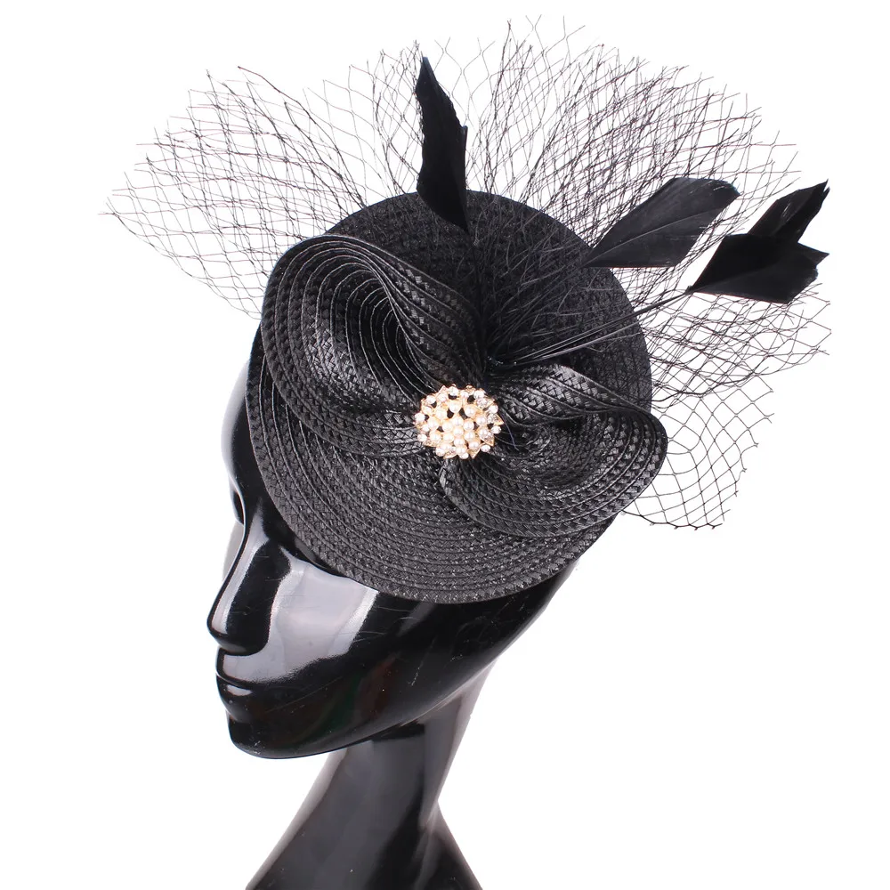 Женская винно-красная Коктейльная церковная Вуалетка головной убор с перьями и