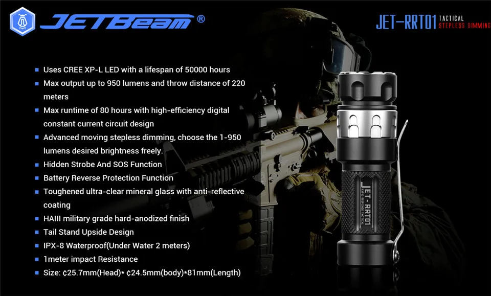 Jetbeam RRT01 Cree XPL светодиодный бесступенчатый Тактический светильник с затемнением, походный разведочный фонарь светильник с батареей Mirco USB 16340