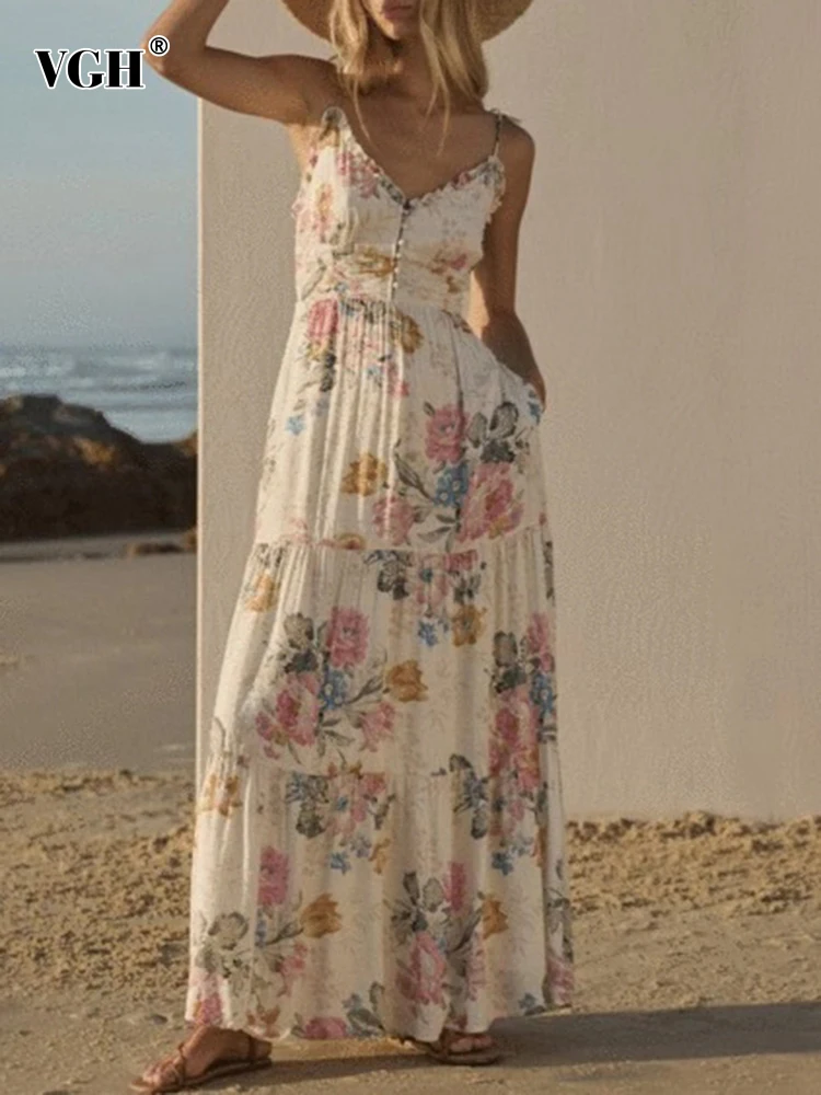 

VGH Colorblock Print Dress For Women V Neck Sleeveless Shirred High Waist Sleeveless Floor Dresses Female 2022 Summer Clothing