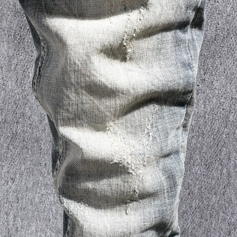 European Vintage Fashion Men Jeans Retro Distressed Washed Slim Ripped Jeans Men Streetwear Designer Elastic Casual Denim Pants