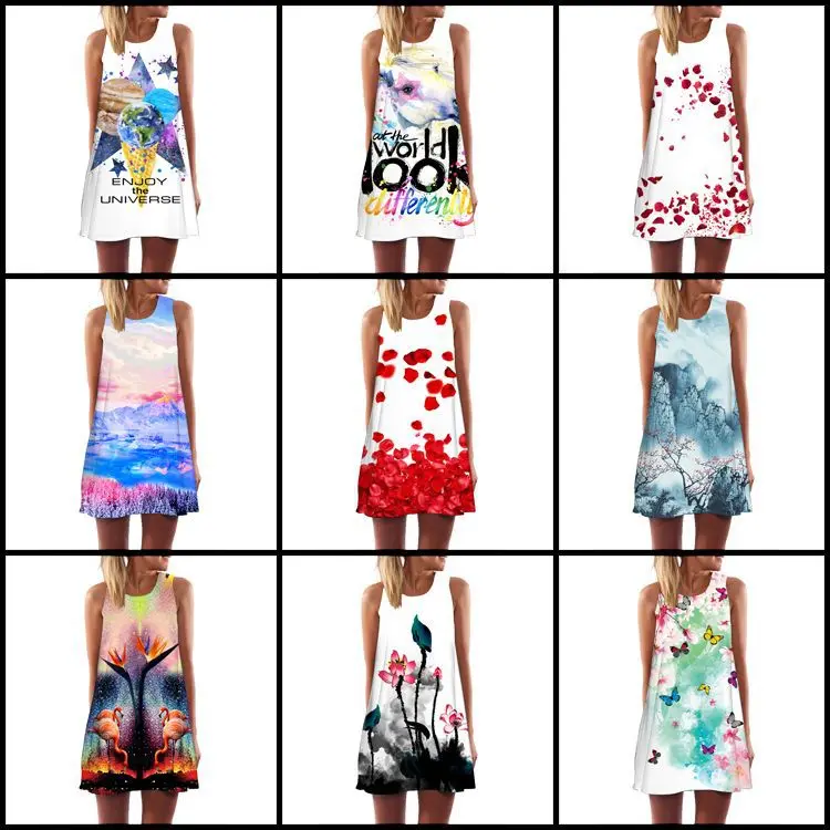 

New Digital Print Round Neck Sleeveless Vest Dress Vintage Loose Casual Multicolor Dresses Summer Woman The Beach The Sun Skirt
