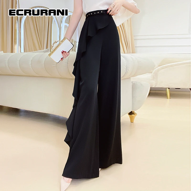 

ECRURANI Black Patchwork Ruffle Trim Full Length Pant For Women High Waist Solid Wide Leg Pants Female 2021 Fashion New Clothing