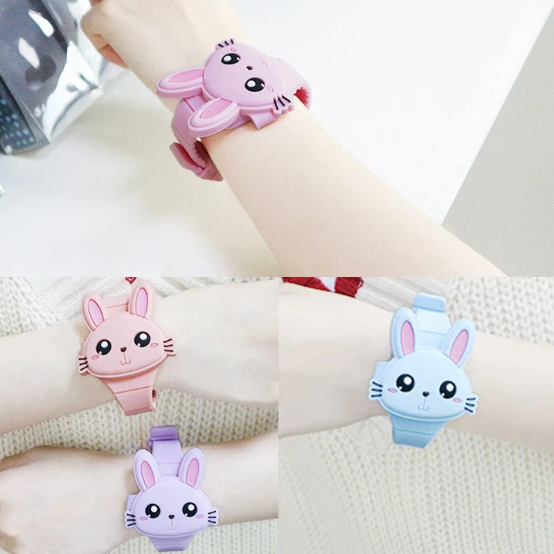 

1 шт. Детские светодиодный электронные часы силиконовый ремешок мультяшный кролик флип чехол наручные часы прекрасный подарок SEC88