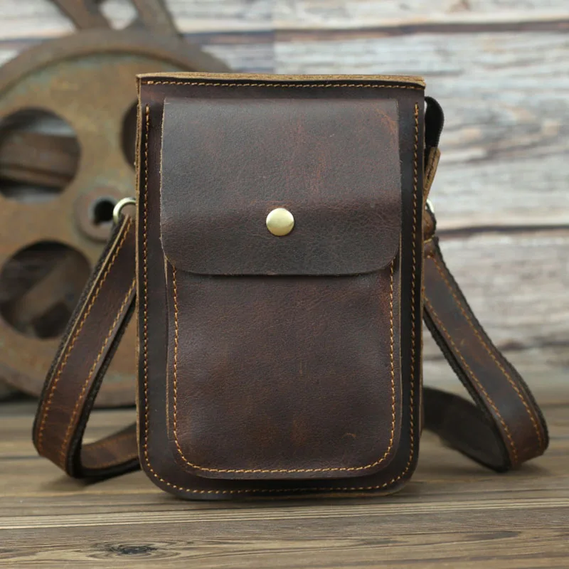 

7" Phone Pouch Case Men Waist Belt Cross Fanny Bag Genuine Cowhide LeatherCrossbody Shoulder Bags Bum Hip Pack