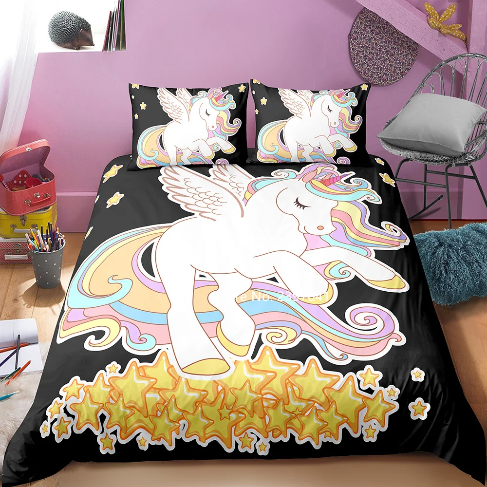 

2-3 Pieces Rainbow Unicorn Pattern 3D-printed Bedding Set Cute Cartoon Quilt Cover Pillowcase Student Dormitory Decoration