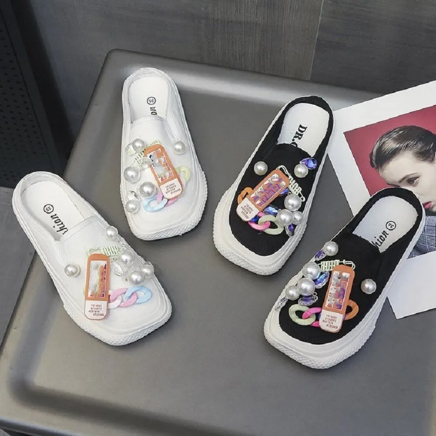 

Полушлепанцы Baotou, женская верхняя одежда, лето 2021, новинка, холщовые, с квадратным носком, крутые, на плоской подошве