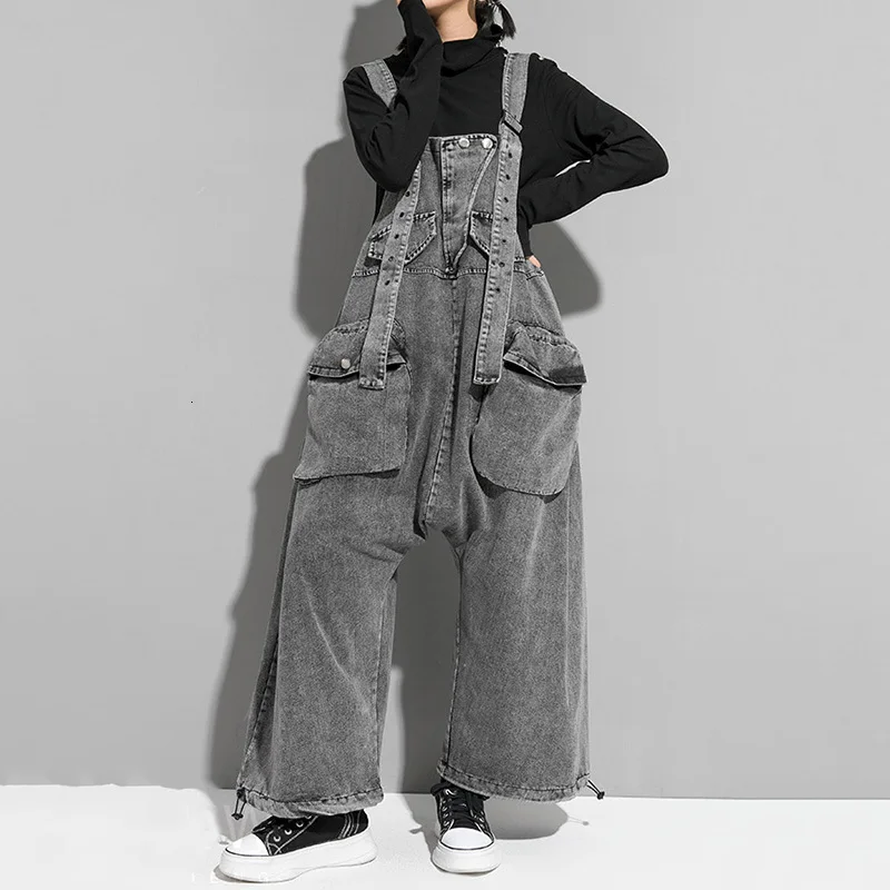 

[EAM] High Waist Black Pocket Split Denim Overalls Trousers New Loose Fit Pants Women Fashion Tide Spring Autumn 2021 1K164