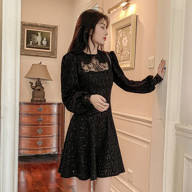 

Женское флисовое платье во французском стиле, элегантное черное кружевное платье с длинным рукавом и отложным воротником