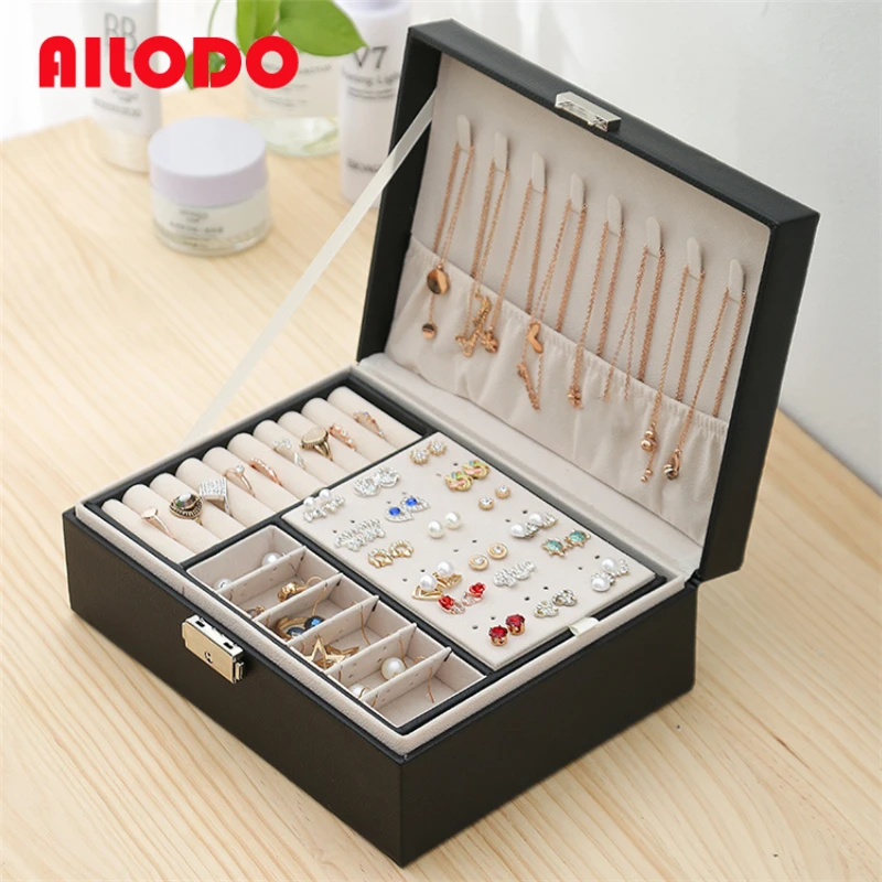 

Ailodo Jewelry Box Packaging Display Women Double Layers High Capaciry PU Leather Jewelry Storage Box Casket Christmas Gift