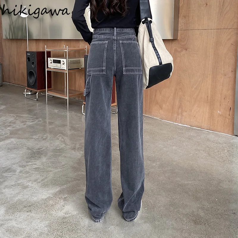 

Hikigawa Jeans for Women Wide Leg Jean Pocket Vintage High Waist Korean Trousers Female Harajuku Straight Fashion Pantalon Femme
