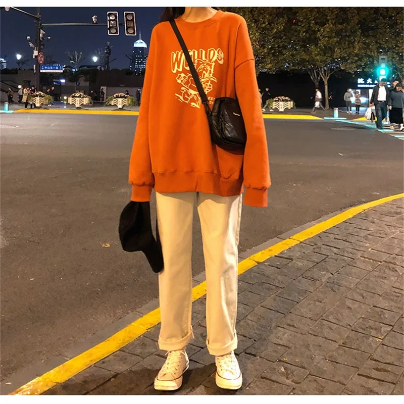 

2021 Korean Autumn Winter New Style Cartoon Print Women hoody Lazy Wind Long Sleeve Round Neck Plus Velvet Loose Pullover