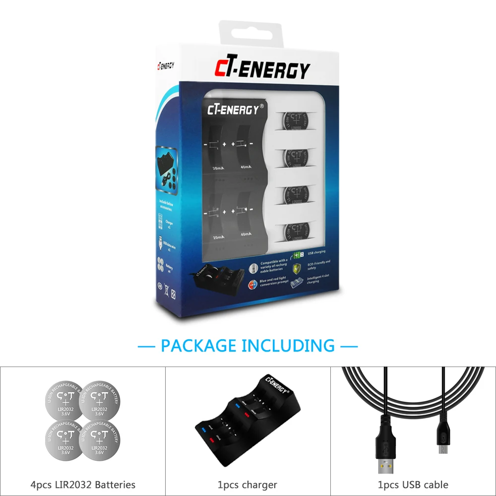 Кнопочный аккумулятор lir2032 зарядное устройство CT-Energy 4 слота USB интерфейс для аккумуляторов LIR2032/LIR2450