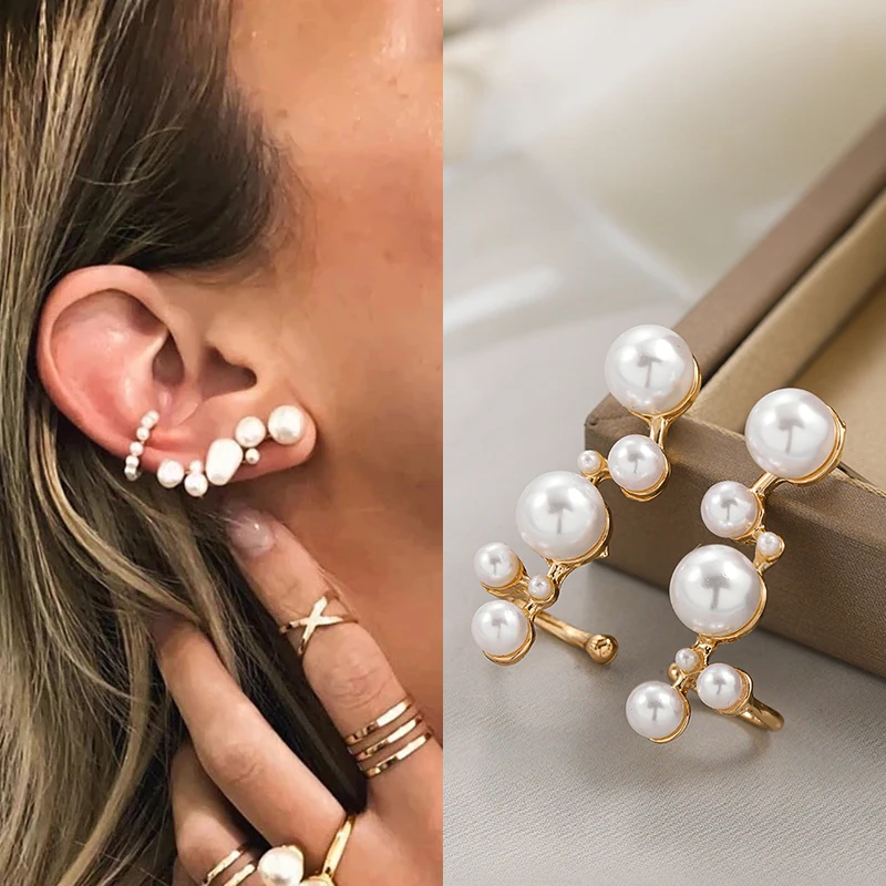 

Elegant White Simulated Pearls Clip Earrings Charm Big Small Round Pearls Metal Piercing Climber Ear Cuffs for Women Jewelry