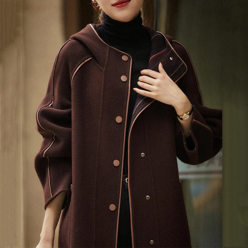 Women Elegant Wool Coat Fashion Big Pocket Hooded Overcoat Female Autumn Winter Warm Casual Outwear High Quality Loose Blends | Женская