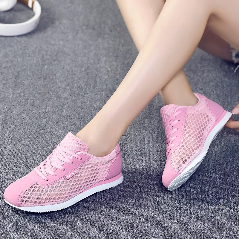 Fashion Pink Hollow Out Mesh Women Sneakers Summer Comfortable Cheap Sports Shoes Women Lace up Lightweight Running Sport Shoes