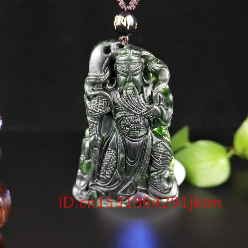 

Men Black Carved Pendant Guanyu Jewelry Green Accessories Natural Jade Obsidian Charm Amulet for Necklace Chinese Gifts