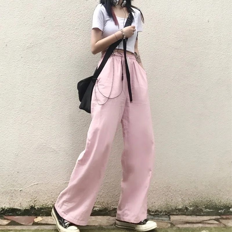 

Women Palazzo Pants Pink Loose Streetwear High Waist Baggy Hip Hop Trousers Women 2020 Autumn Korean Fashion Wide Leg Pants