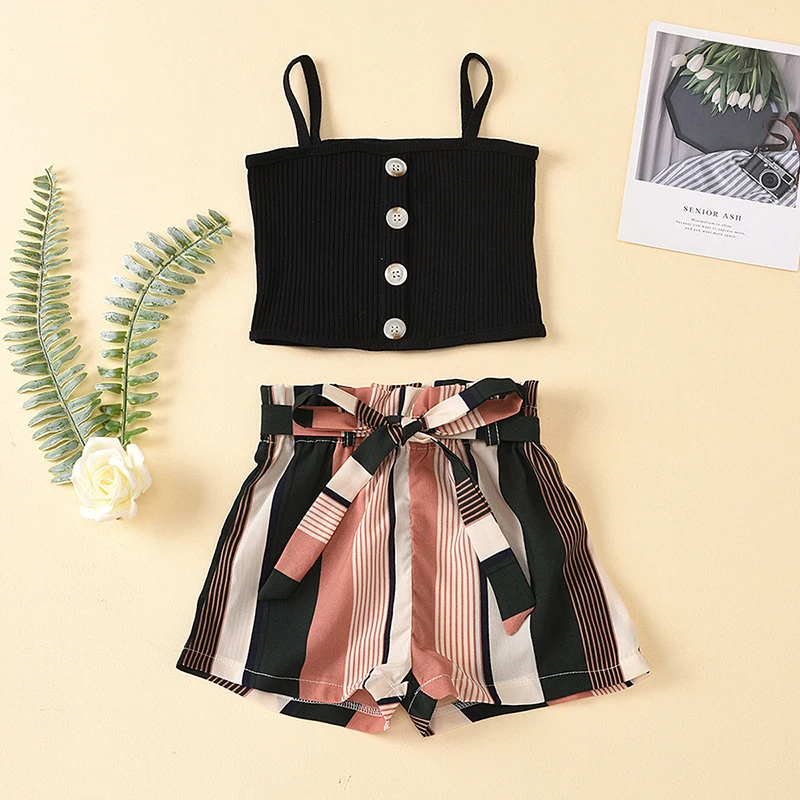 

Повседневные комплекты одежды для девочек, новые модные детские черные майки и шорты в полоску, наряды из 2 предметов, оптовая продажа детск...